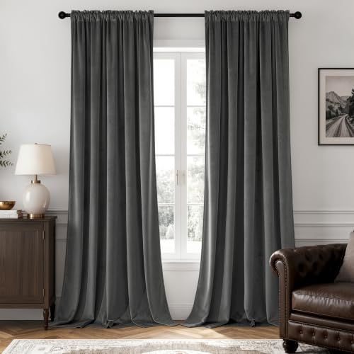 Image of MIULEE Grey Blackout Velvet Curtains Drapes 84 Inch Long 52 inchx84 inch Bedroom | Luxurious Bedroom Living Room Decor, Room Darkening, Thermal Insulated, Rod Pocket Design, Super Soft Fabric