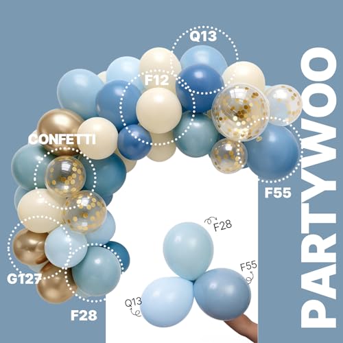 Image of PartyWoo Dusty Blue Balloons 66pcs 12 Inch Light Baby Slate Blue Off White Sand Metallic Gold Boho Confetti Balloons for Graduation Boy Baby Shower Gender Reveal Birthday Wedding Party Decorations