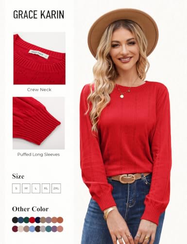 Image of GRACE KARIN Fall Sweaters for Women 2026 Puff Long Sleeve Crewneck Dressy Casual Tops Crochet Hollow Out Cute Pullover Blouse
