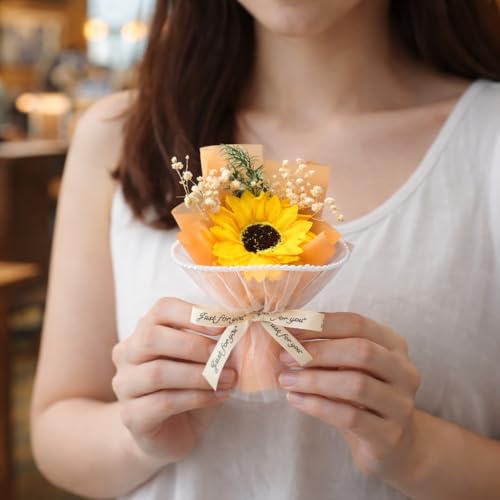 Image of Mini Artificial Sunflower Bouquet with Ribbon | Small Handheld Flower Gift | Cute Desk Decor | Romantic Pocket Size Floral Arrangement for Gift (Yellow)