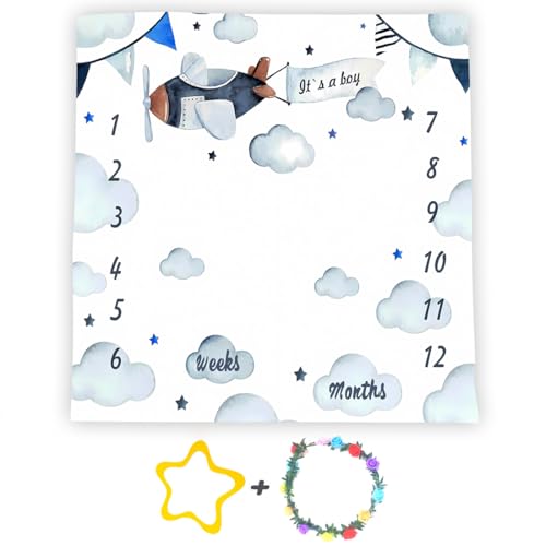 Image of Airplane Theme Baby Monthly Milestone Blanket for Boys, Soft Flannel Aircraft Pilot Cloud Stars Pattern Photography Prop Baby Shower Age Newborn Mom Gifts Nursery Decor (Blue, 48x48in)