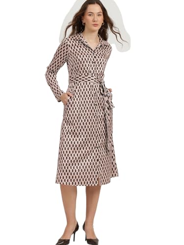 Image of FableStreet Women Formal Dress | Notch Collar Wrap Midi Dress with Self-Tie Belt & Button-Front | Smooth Viscose Rayon Fabric for Workwear & Day-to-Night Elegance