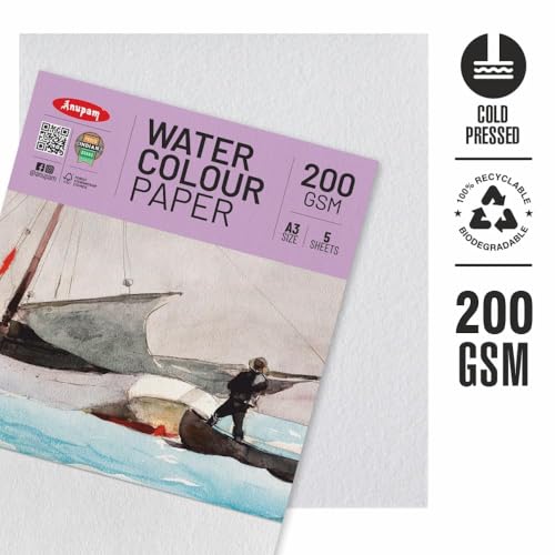 Image of Anupam Professional Watercolour Paper | A5 (21X15CM) 200 GSM Cold Pressed Paper |Acid-Free 20 Sheets| Ideal for Artist, Professional Drawing, Painting Dry & Wet, Fine Art, School, Students