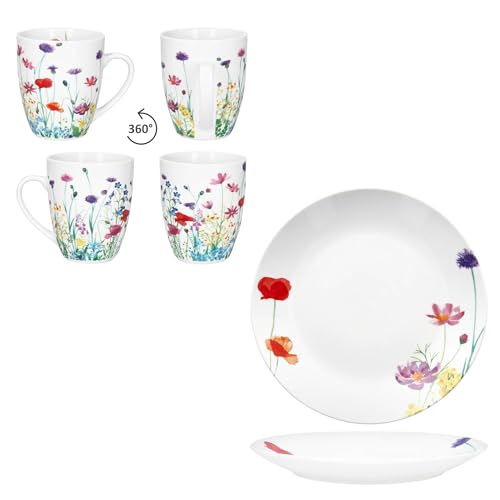 MamboCat Marie 12tlg Frühstücksset I Porzellan-Geschirr mit Blumenwiese-Dekor für 6 Personen I Je 6x Teller & Becher 320ml für Frühstücks- & Kaffeezeit