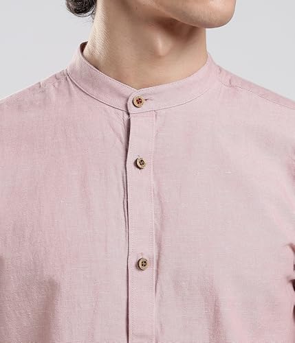 Image of TURMS Men's Casual Solid Linen Shirt | Water Repellent | Anti Stain Anti Odor | Kansas Linen | Mandarin Collar | Full Sleeves