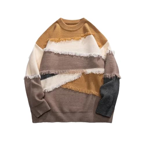 Men Contrast Patchwork Knit Pullover Vintage Crew Neck Long Sleeve Loose Sweaters