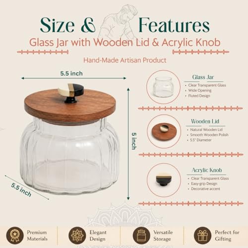 Image of Bubble Glass Jar with Wooden Lid | 980ml | 5x5x5.5 inches | Airtight Stackable Kitchen Storage Container for Grains, Pulses, Cookies, Dry Fruits, Coffee & Snacks