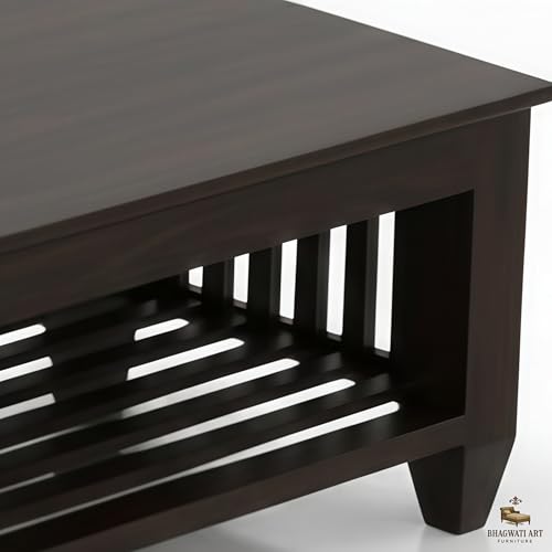 Image of Solid Sheesham Wood Coffee Table for Living Room | Wooden Rectangle Coffee /Tea Table with Storage |Center Table with Storage Teapoye for Home, Living Room, Balcony (Walnut Finish)