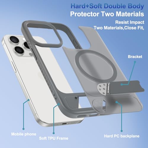 RMOCR for iPhone 15 Pro Case with Screen Protector+Lanyard Wrist Strap,Magnetic Translucent Matte Rugged Slim Phone Cover Built in Invisible Kickstand [Fit for MagSafe],Grey - image 8