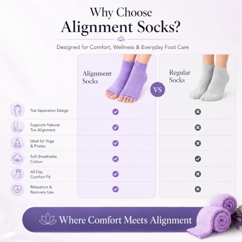 Image of Foot Alignment Socks Men & Women | Five Toe Separator | Foot Pain Relief | Bunion Corrector | Plantar Fasciitis | Improving Posture & Increasing Flexibility | Free Size | 1 Pair | UK8-11 (Lavender)