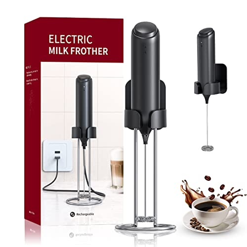 Rechargeable Milk Frother Handheld for Coffee, Stirrers Electric Whisk with Wall Mounted Stand, Drink Mixer Hand Frother Wand for Coffee, Matcha, Frappe, Hot Chocolate and Lattes(Black)