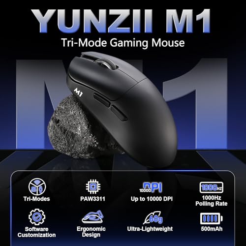 Image of YUNZII M1 Wireless Gaming Mouse, Tri-Mode 2.4G /BT /Wired Gaming Mouse, PAW3311 Sensor 10000 DPI Rechargeable Wireless Mouse with 5 Programmable Buttons, Customizable via Software for Win & Mac (Black)