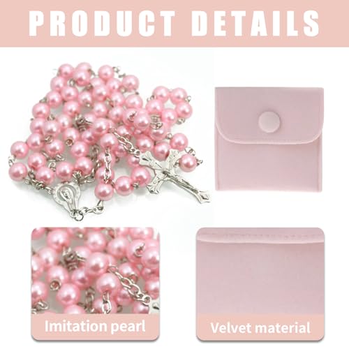 Rosenkranz Katholisch,Rosenkranz Kette,Rosary Necklace,Rosenkranz Kommunion Mädchen,Kunstperlen Katholische Rosenkranzperlen Retro-Kreuz,mit Samt Geschenkbeutel,Taufe Kommunion Hochzeit/Party (Rosa)