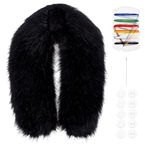 PH PandaHall Col Fausse Fourrure Noir Laine Artificielle Garniture Capuche Remplacement Écharpe Châle Peluche Colliers Garniture avec Bouton Aiguille et Fil...