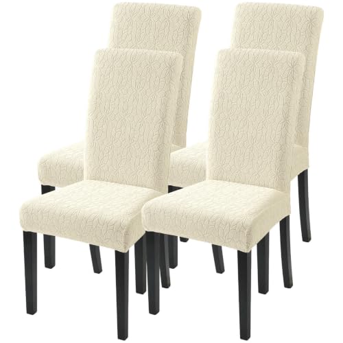 Image of SearchI Jacquard Dining Room Chair Covers Set of 4, Stretch Kitchen Chair Covers Washable Parsons Chair Slipcover Removable Dining Chair Protectors for Hotel,Ceremony(Beige Floral Texture)