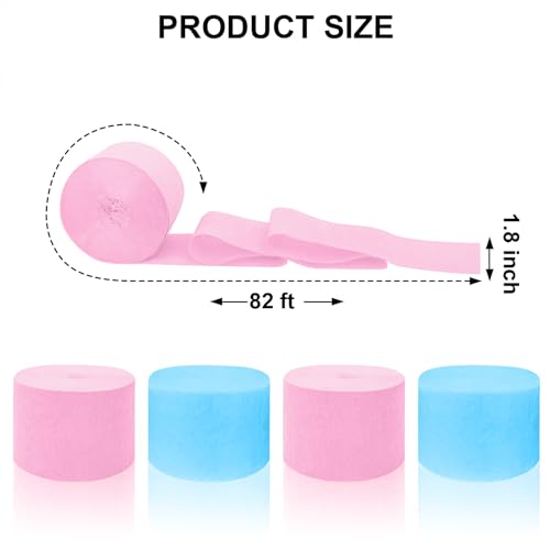 Image of 4 Crepe Paper Streamers Rolls, 328ft Pack of Pink and Blue Crepe Paper for Birthday Gender Reveal Party Decorations (1.8 inch x 82 ft /Roll)