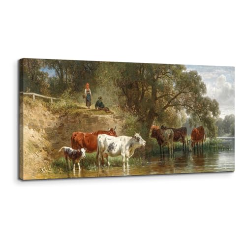 SERIMINO Large Wall Art for Living Room, Riverside Animal Landscape Vintage Wall Decor, Herding Cattle Pastoral Canvas Painting, Retro Cow Pictures Home Decor for Bedroom Kitchen, 30x60 Inch