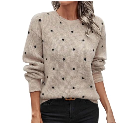 Womens Long Sleeve Crew Neck Sweaters Fashion Polka Dot Pullover Tops Fall Loose Dressy Casual Basic Clothes Khaki
