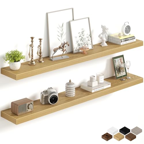 Image of Fun Memories 55Inch Long Floating Shelves, 8 Inch Deep Shelves for Bedroom|Living Room, Wall Mounted Wood Hanging Shelf with Invisible Brackets for Fireplace Mantel Home Storage Decor, Oak - 2 Pack