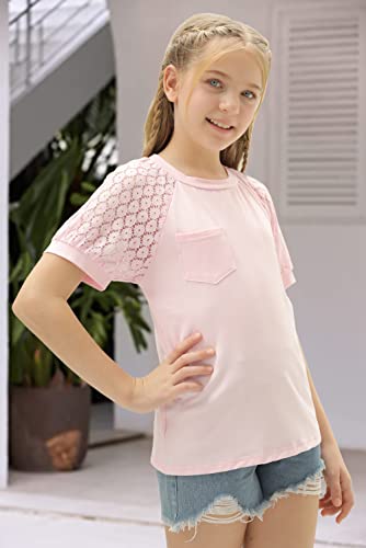 Girls Summer Short Sleeve Shirts Lace Casual Cute Crew Neck Solid Color Blouses Tops Sizes 6-15 Years4