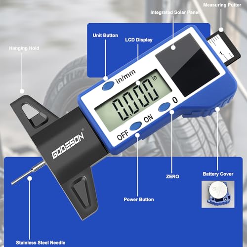 Image of GODESON Digital Tire Tread Depth Gauge - Solar & Battery Hybrid, Inch /MM Modes, 1 inch /25.4mm Range, Blue Accurate Tread Depth Gauge Tool for Cars, Trucks & Motorcycles Tire Wear Check
