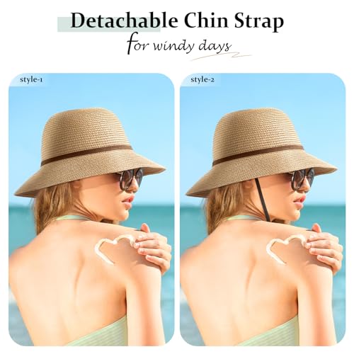 Image of Beach Sun Straw Hats for Women, UPF 50+ UV Sun Protection Wide Brim Summer Straw Hat Foldable Packable Roll up Cap