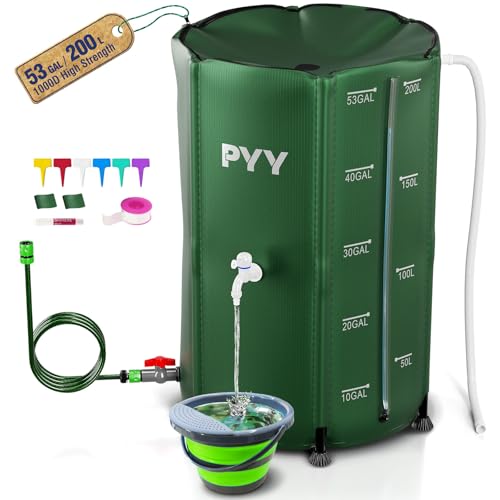 PYY Rain Water Collection Barrel - 53 Gallon Green Water Storage Tank with Spigots, Hose and...