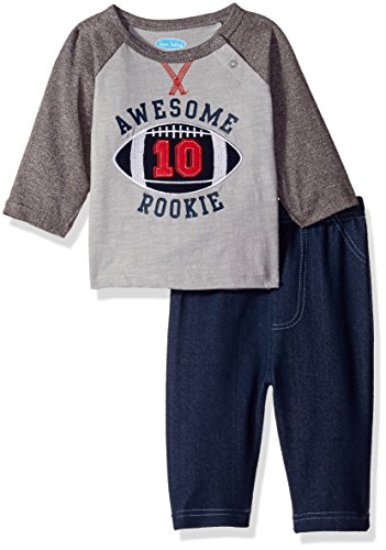 BON BEBE Baby Boys' 2 Piece Long Sleeve Top with Side Snaps and Knit Denim Pant, Awesome Rookie Gray, 0-3 Months