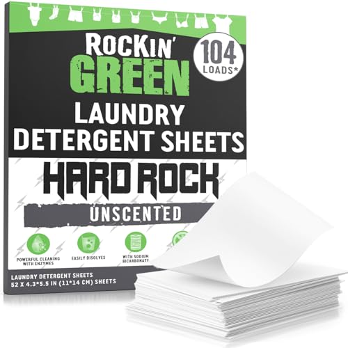 Rockin' Green Hard Rock Travel Laundry Detergent Sheets for Hard Water - Mess-Free Laundry Sheet Detergent with Sodium Bicarbonate - Easily Dissolvable Laundry Soap Sheets (104 Loads, Unscented)