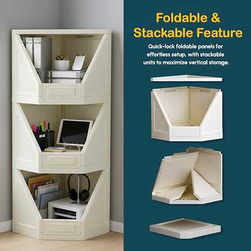 Image of HOMIFLY 3 Tier Corner Storage Cabinet /Stackable Plastic Cupboard for Storage /Foldable Wardrobe for Clothes /Toys Storage Organizer /Cabinet for Kitchen, Bathroom, Living Room (White)