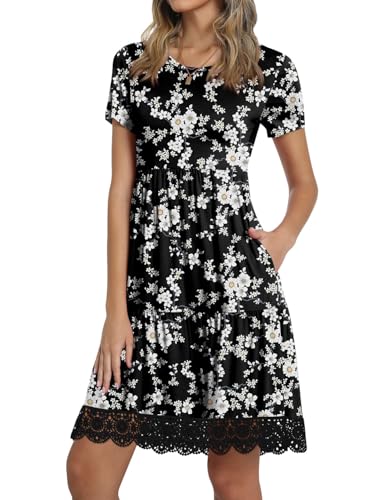 Image of TAOHUADAO Women's Summer Casual Tshirt Dresses Short Sleeve Ruffle Swing Lace Hem Dress with Pockets