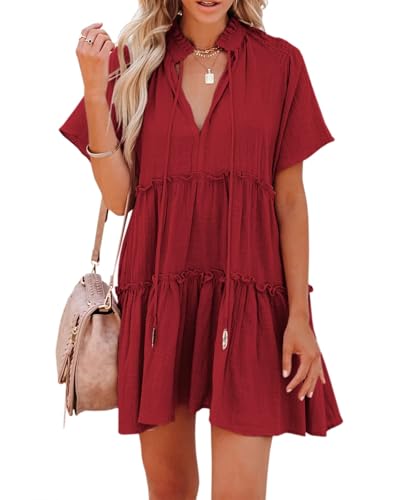 Image of Dellytop Womens Drawstring V Neck Dress Ruffle Tiered Short Sleeve Babydoll Tunic Swing Sundresses