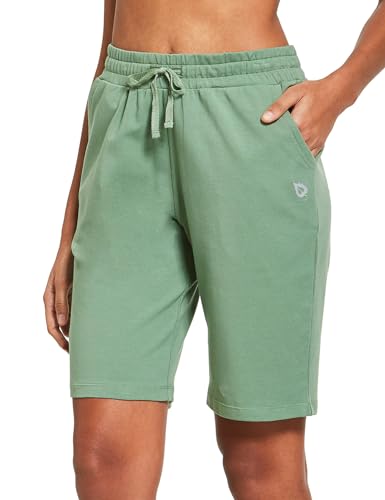 baleaf Women's 10" Bermuda Shorts Long Cotton Casual Summer Knee Length Pull On Lounge Walking Exercise Shorts with Pockets Loden Frost Size M