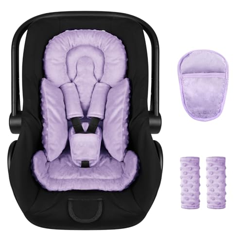 Image of Infant Car Seat Insert Boy Girl, 3 in 1 Newborn Carseat Insert with Strap Pads, Car Seat Head Support for Baby Strollers, Swings, and Bouncers, Comfortable and Machine Washable, Purple