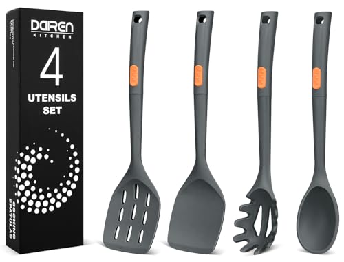 Silicone Cooking Spatulas and Spaghetti Spoons, 4 Pack Heat Resistant Full Silicone Cooking Utensils Set, Non Stick Large Kitchen Silicone Spatula Spoons for Cooking, Mixing, Serving, Draining (Grey)