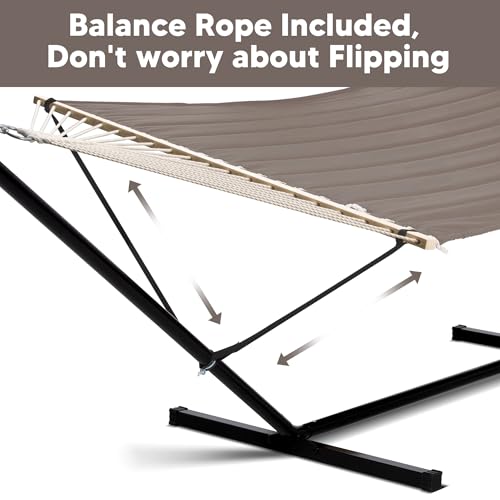 Image of SUNCREAT 55 Inch Extra Large Double Hammock with 12 ft Stand, 475lbs Capacity, Outdoor Portable Hammock with Hardwood Spreader Bar, Extra Large Pillow, Brown