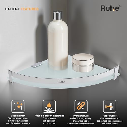 Image of Ruhe Premium Vetra Bathroom Glass Shelf Corner | Multipurpose Wall Mounted Shelves Rack for Kitchen /Living Room - Bathroom Accessories 12 x 12 inches (Chrome Finish)