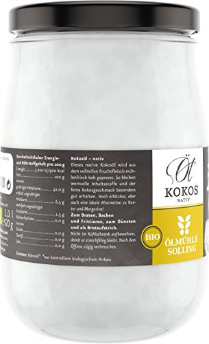ÖLMÜHLE SOLLING - BIO Kokosöl | 100% natives Bio-Kokosnussöl | Ideal geeignet zum Braten, Backen und Frittieren, als Haut-& Haarpflege sowie für Hunde und Katzen | Inhalt: 1 L