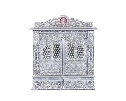 Pooja Bazar Mandir plateado para el hogar - Blanco oxidado - con puerta (mediano)