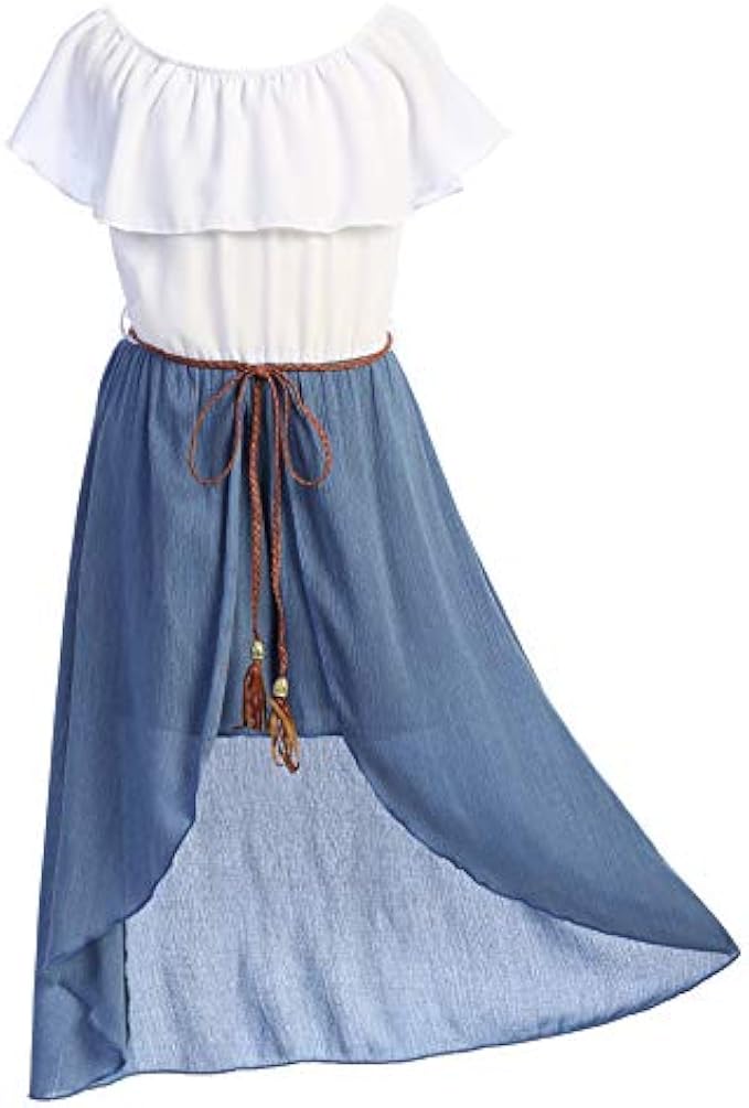 Girls Off Shoulder High Low Maxi Split Skirt Romper Casual Dress Summer Birthday Jumpsuits USA 4-14
