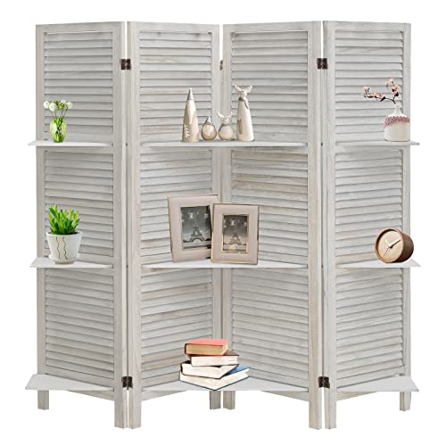 4-Panel-Room-Divider-with-Shelves-56ftTall-Folding-Privacy-Screen-Panels-Room-Divider-Wall-Divider-for-Room-Separation-Room-Divider-ShelvesPlace-Small-Items-Effectively-Block-SightWhite 4 Panel Room Divider with Shelves 56ftTall Folding Privacy Screen Panels Room Divider Wall Divider for Room Separation Room Divider ShelvesPlace Small Items Effectively Block SightWhite