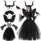LGZIN Disfraz Maléfica para Niñas, Vestido de Tul Maléfica con Cuernos Diadema, Alas, Chal Plumas, Mangas de Encaje y Falso Cuervo, Vestido de Bruja Malvada Niñas para Halloween Carnaval Cosplay(120)