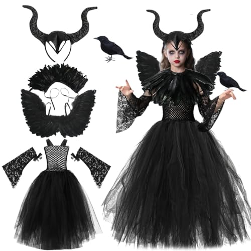Deguisement Maléfique Fille, Costume de Maléfique Enfant, Méchante Reine Robe avec Corne, Ailes, Manches en Dentelle, Cape et Faux Corbeau, Deguisement Sorciere pour Halloween Carnaval Cosplay(120)