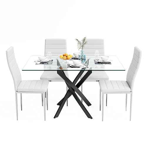 Image of 5 Piece Dining Table Table Set, Tempered Glass Dining Table Set for 4 Kitchen Table Set with 4 Upholstered High-Back Chairs for Kitchen Dining Room (Black Table with White Chair)