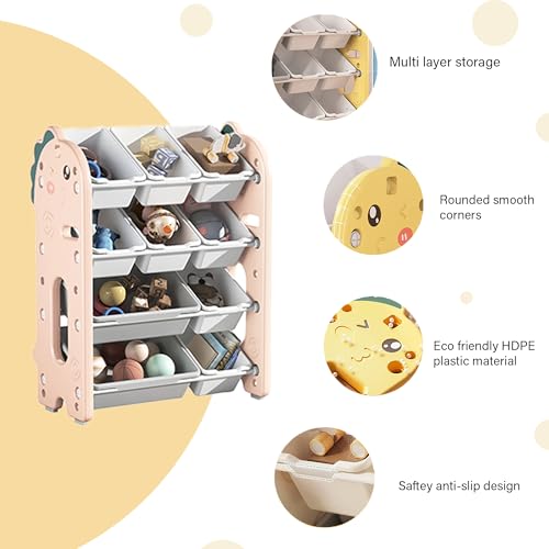 Image of oddpod Dino Kids Toy Organizer Storage Racks with Bins, Cute Cartoon Montessori Plastic Bookshelf for Children & Bedroom Shelf for Baby Hardline Toys, Books, Clothes & Games - Pink (8+2 Bins)
