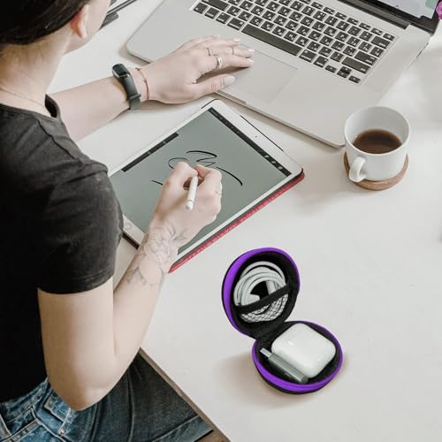 Image of Round Earbud Case Portable EVA Carrying Case Storage Bag Cell Phone Accessories Organizer with Carabiner for Earphone, Earbud, Earpieces, SD Memory Card, Camera Chips, Purple