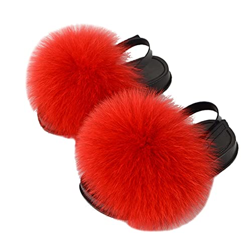 LVCOMEFF Girls Toddler Real Fox Fur Sandals Slides Fluffy Fuzzy for Kid Child (Purple4