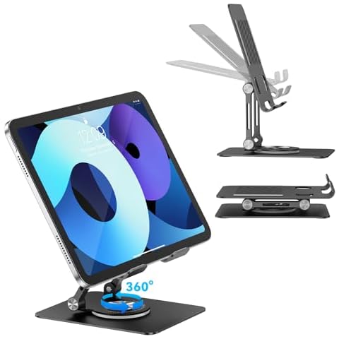 JUANWE Swivel iPad Stand for Desk, Aluminum Tablet Stand for Desk with 360 Rotating Base, Adjustable & Foldable iPad Holder Stand, Compatible with iPad/Pro/Air/Mini, Tablets, Switch, Kindle, Phone Cover