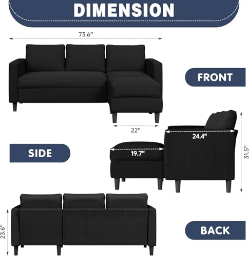 Shintenchi Modern Upholstered Sectional Sofa, L-Shaped Couch with Reversible Chaise for Living Room, Black Corduroy Fabric - Image 3