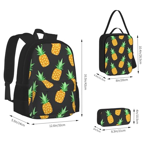 Yellow Pineapple Print 3 Piece Set Backpack, Lunch Bag, Pencil Case, Cute Sturdy For College And Travel4
